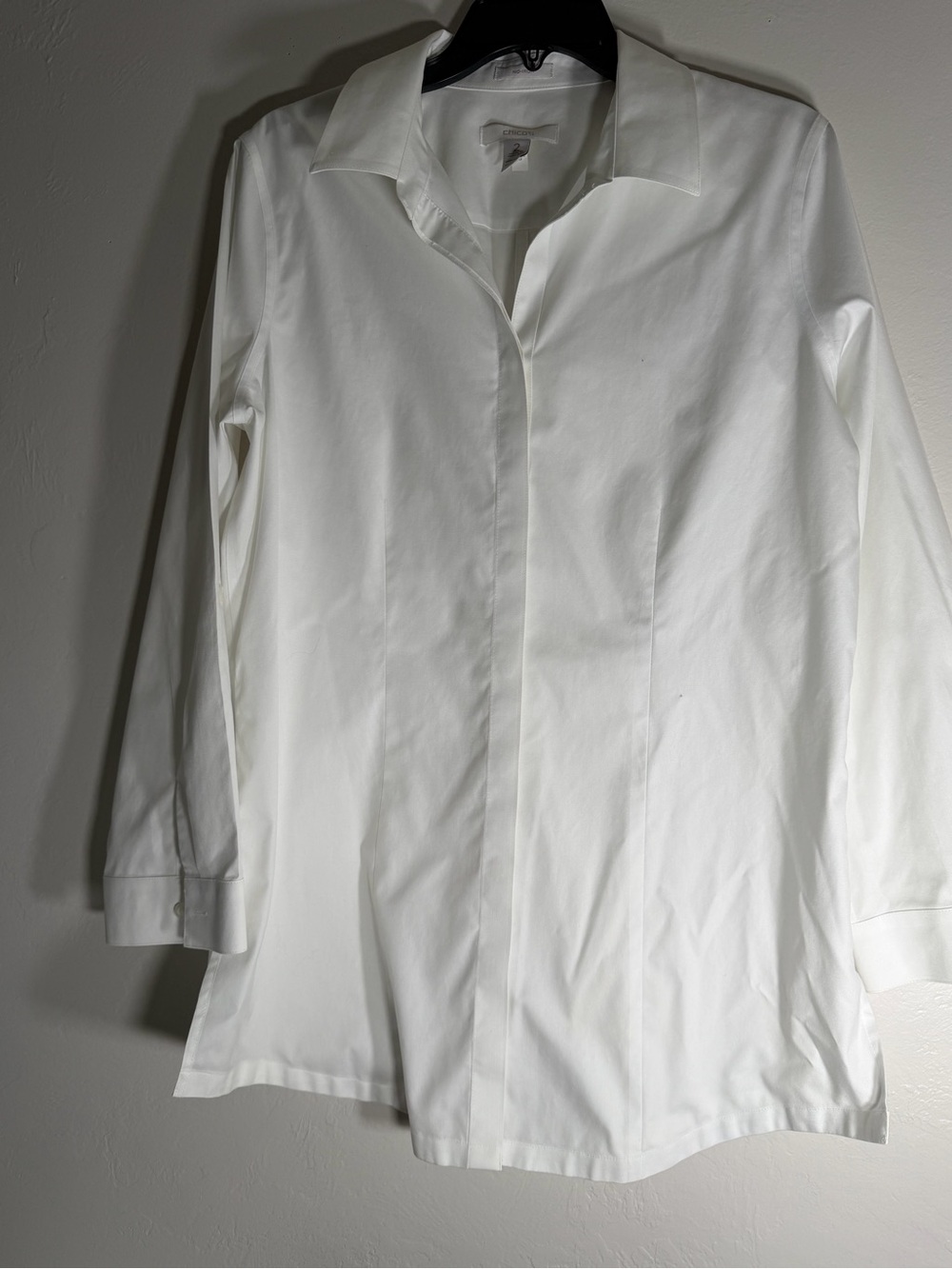 Chico’s No-Iron White Cotton Button Front Tunic Shirt Women’s Size 2